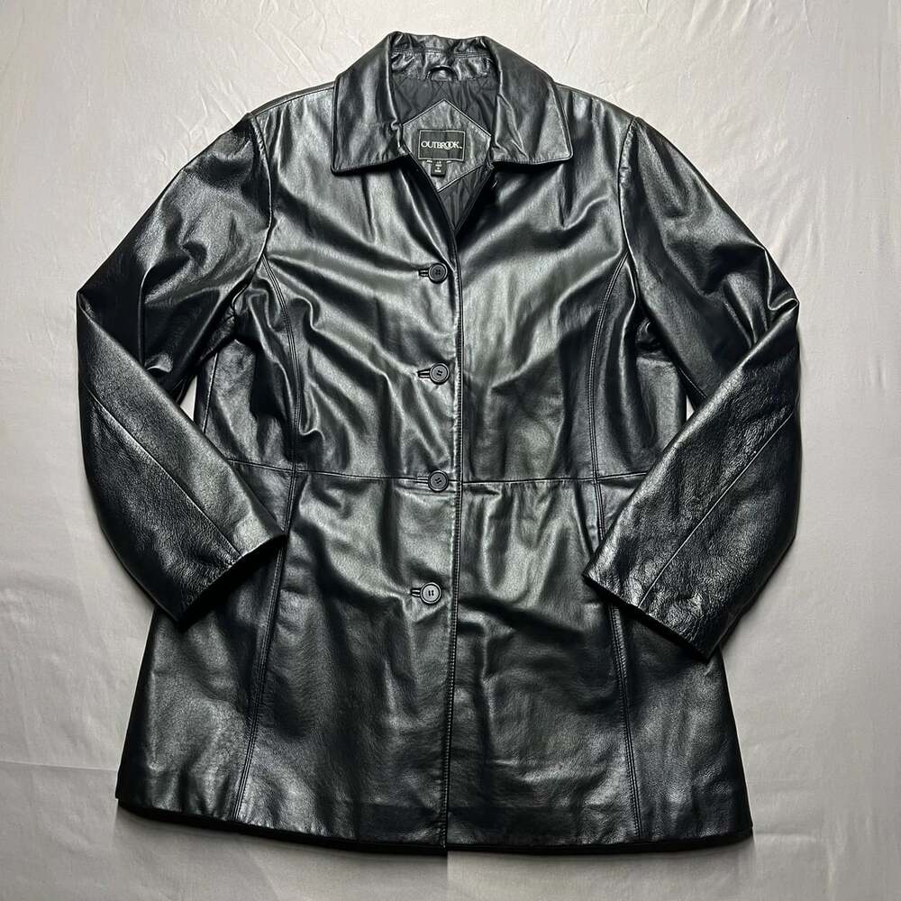 Outbrook Womens Black Leather Coat Size L Button Front Quilted Lining Long